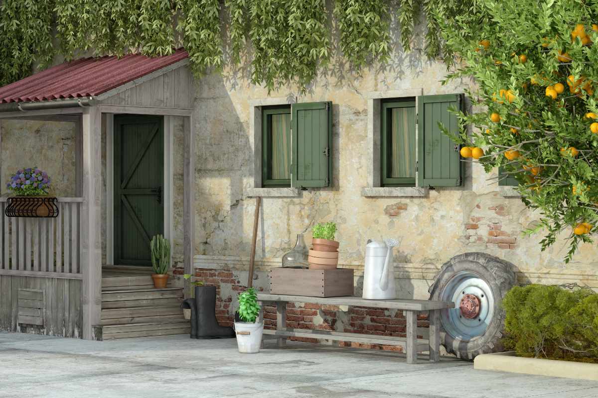 Old house with gardening tools - 3d rendering